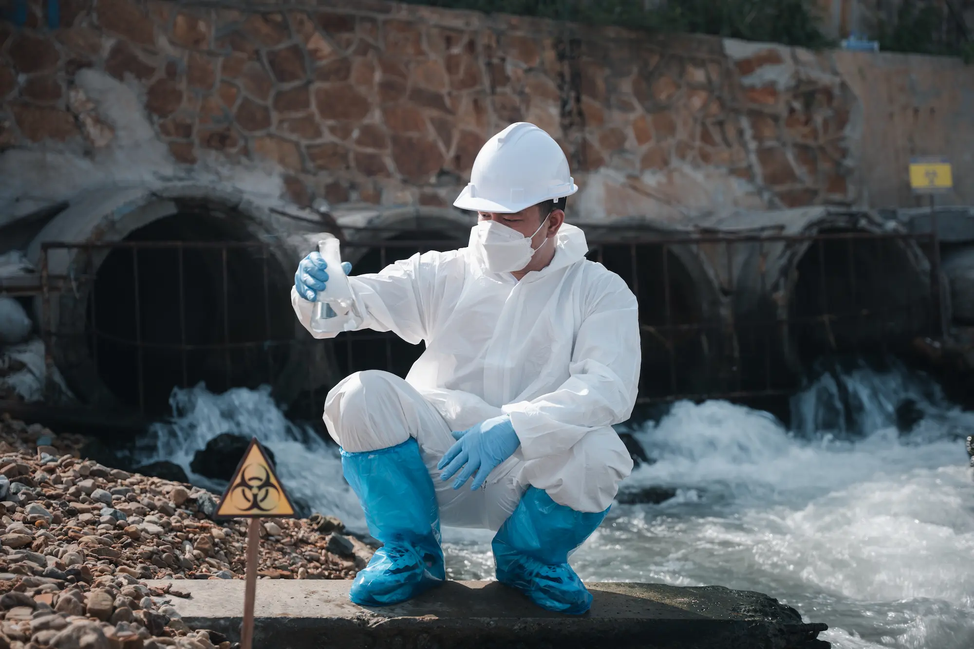 homme en combinaison qui fait une analyse d'échantillon d'eau polluée
