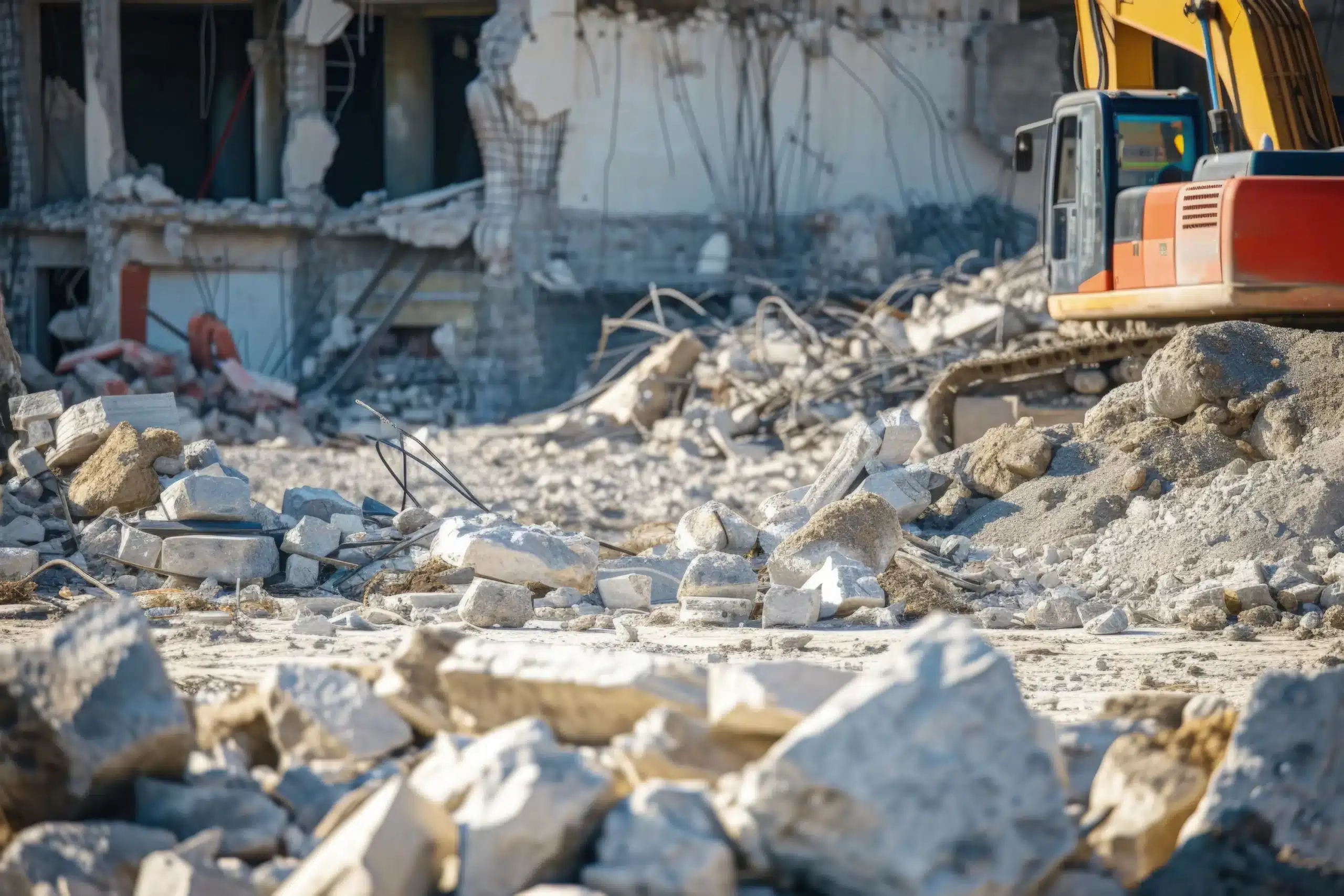 bâtiment en déconstruction avec une pelle mécanique présent sur le chantier et pleins de gravats sur le sol