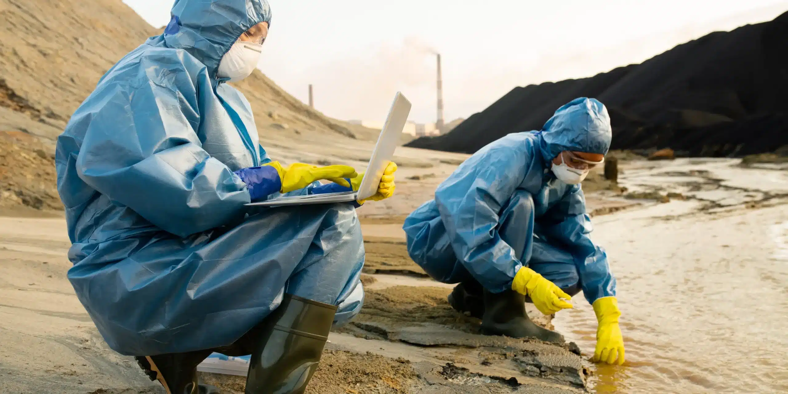 deux professionnels de l'environnement en combinaison réalisant des échantillonnages de sol pour évaluer la pollution