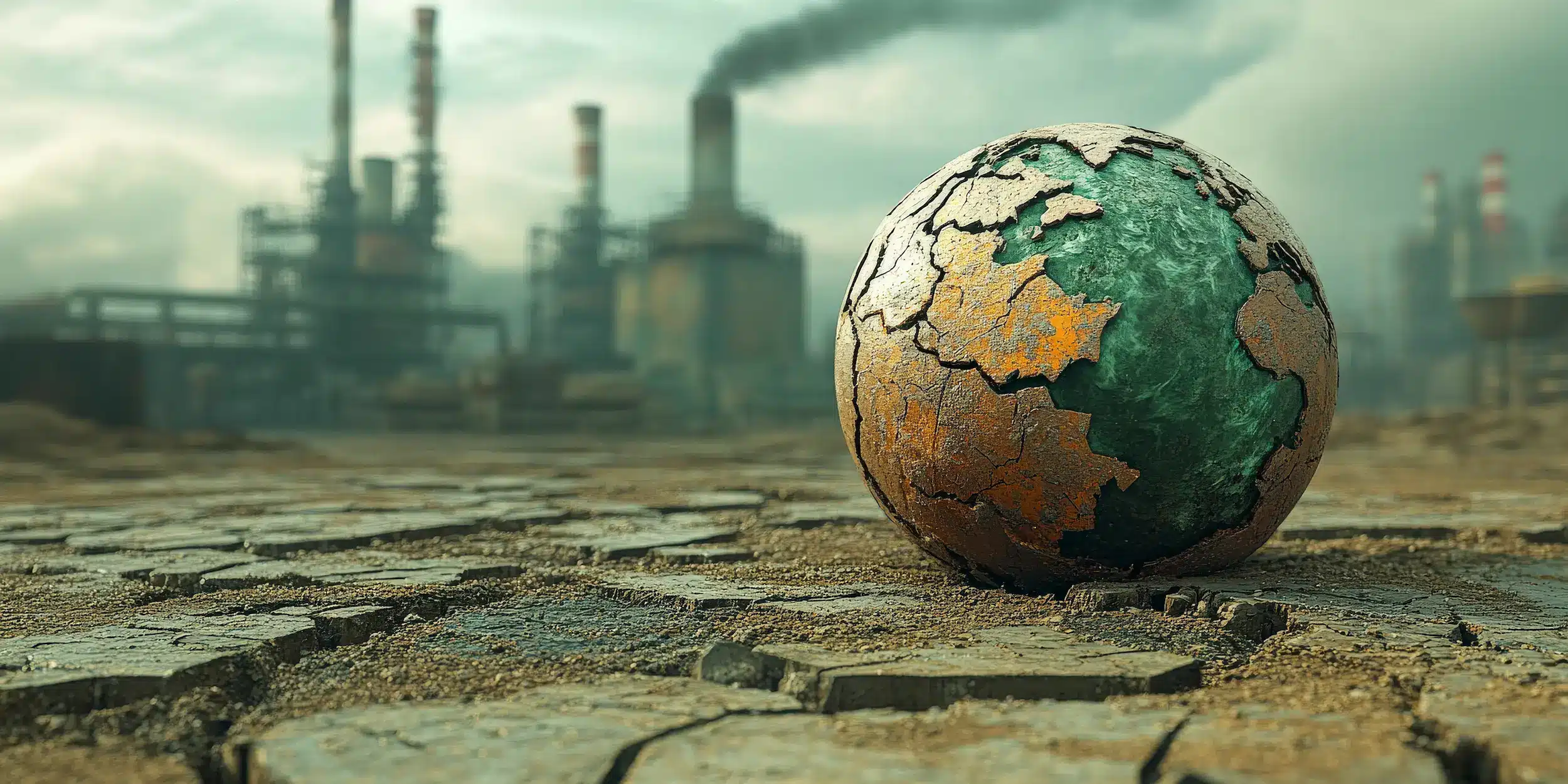 planète avec la sècheresse des sols à cause du changement climatique avec en arrière plan une usine ICPE