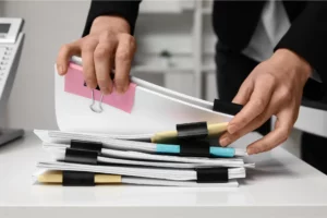 personne entrain de chercher sur un bureau ou il y a plusieurs document dessus