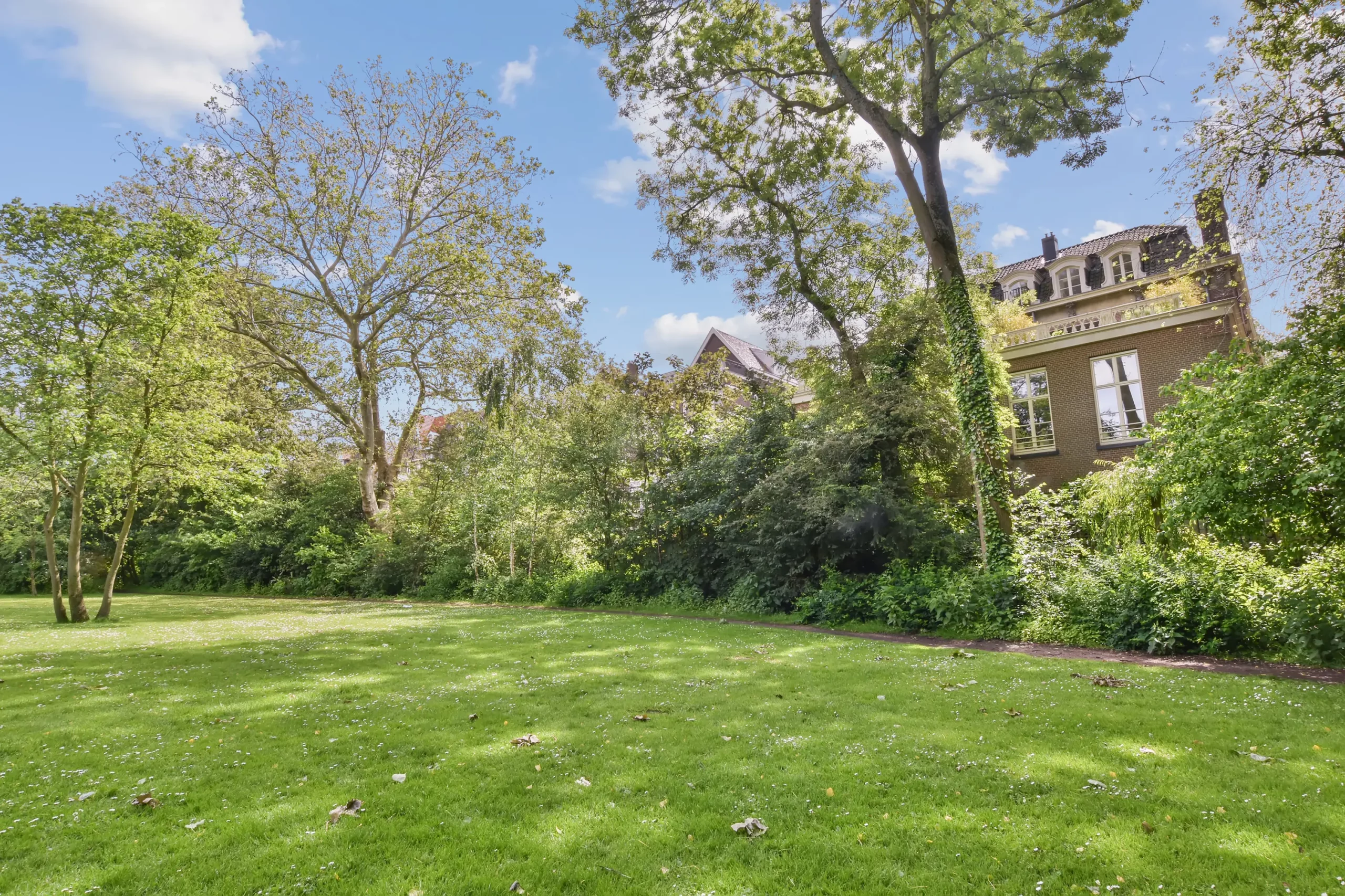 Jardin particulier avec pelouse et arbres, terrain à analyser pour risques de pollution des sols